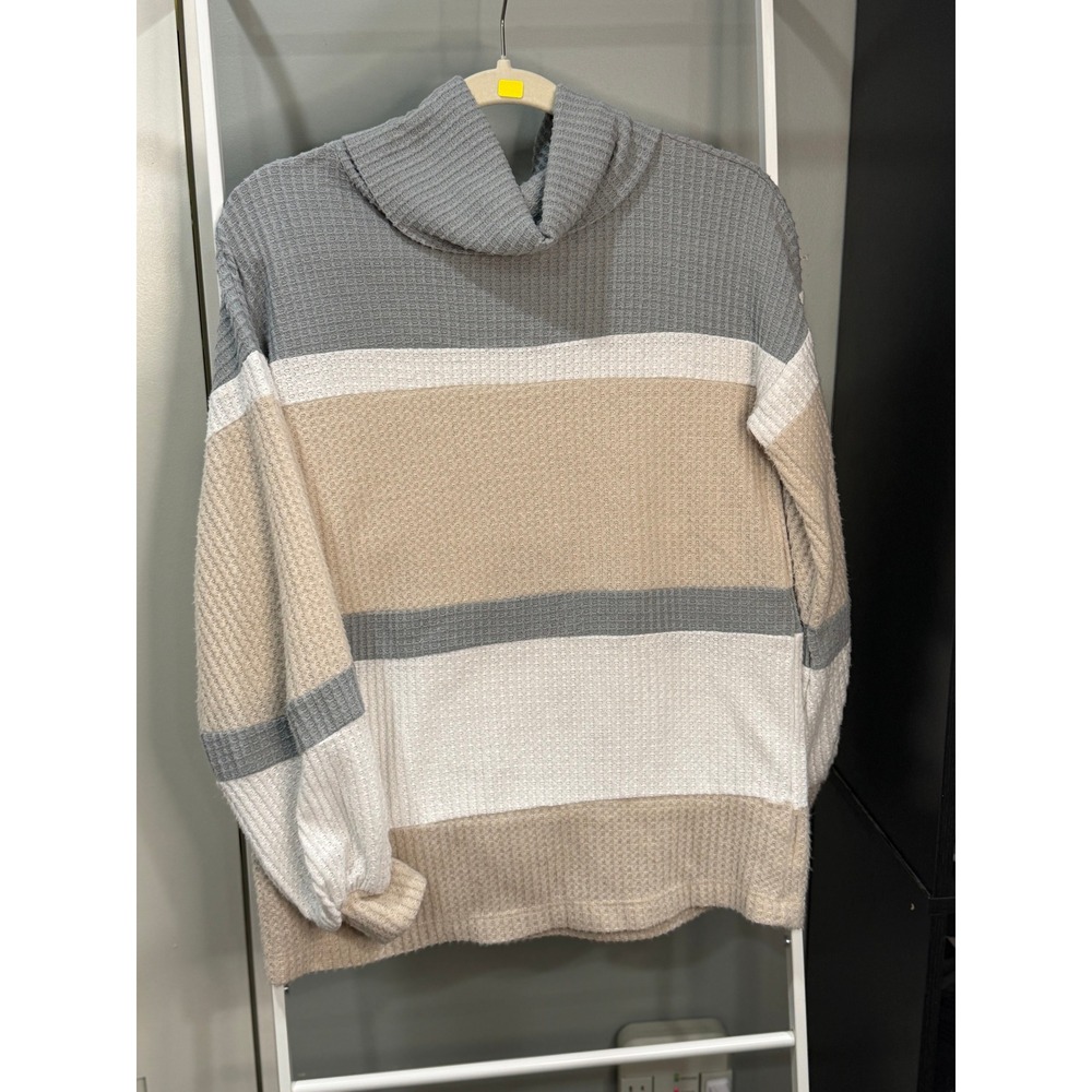 My Story Colorblock Waffle Knit Cowl Neck Sweater Grey Tan MT20120 Small Boho